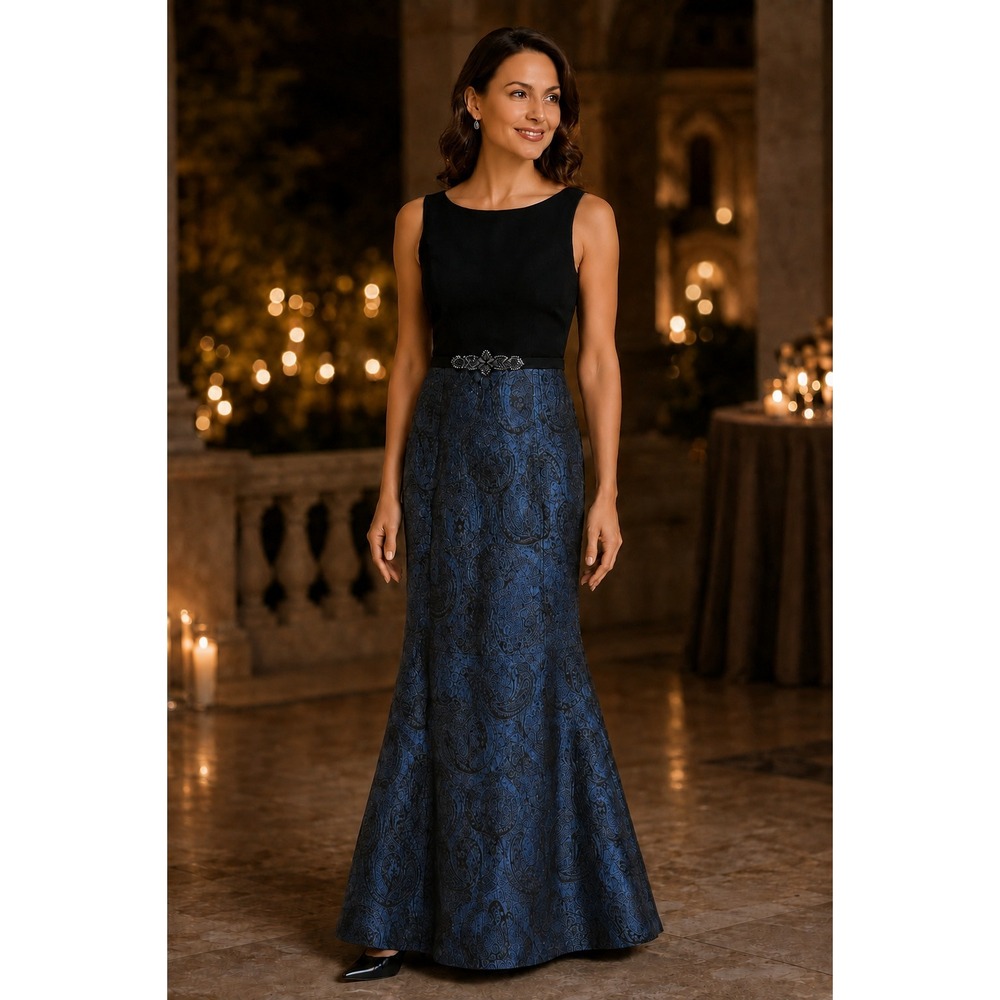 Theia Evening Gown Sz 10 Black Blue Paisley Brocade Wedding Mother of the Bride